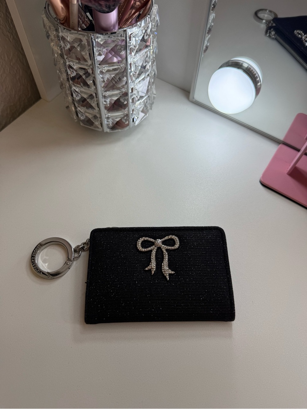 Victoria's Secret Black Sparkle Card Wallet with Rhinestone Bow Keyring